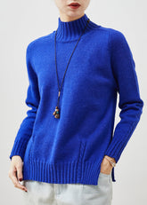 Bio Blau High Neck Side Open Strickpullover Frühling